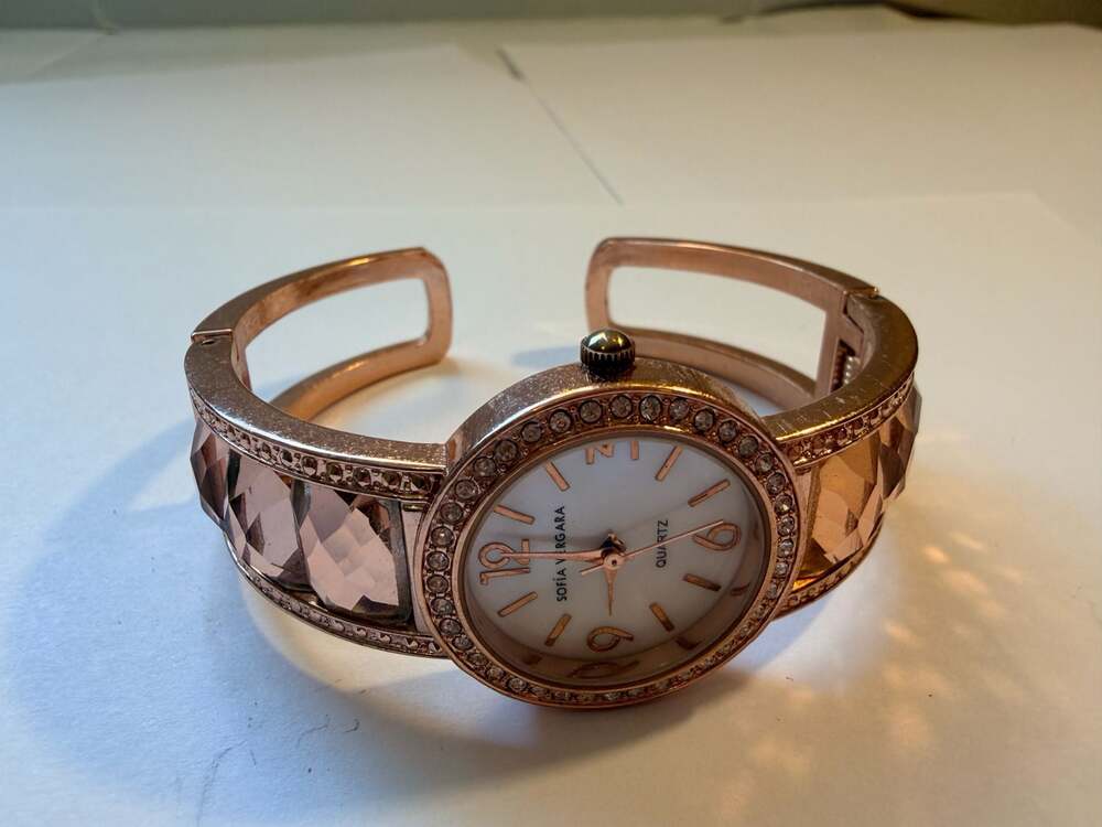 Sofia Vergara Rose Gold Tone Bangle Watch SOV221 with Rhinestone Bezel